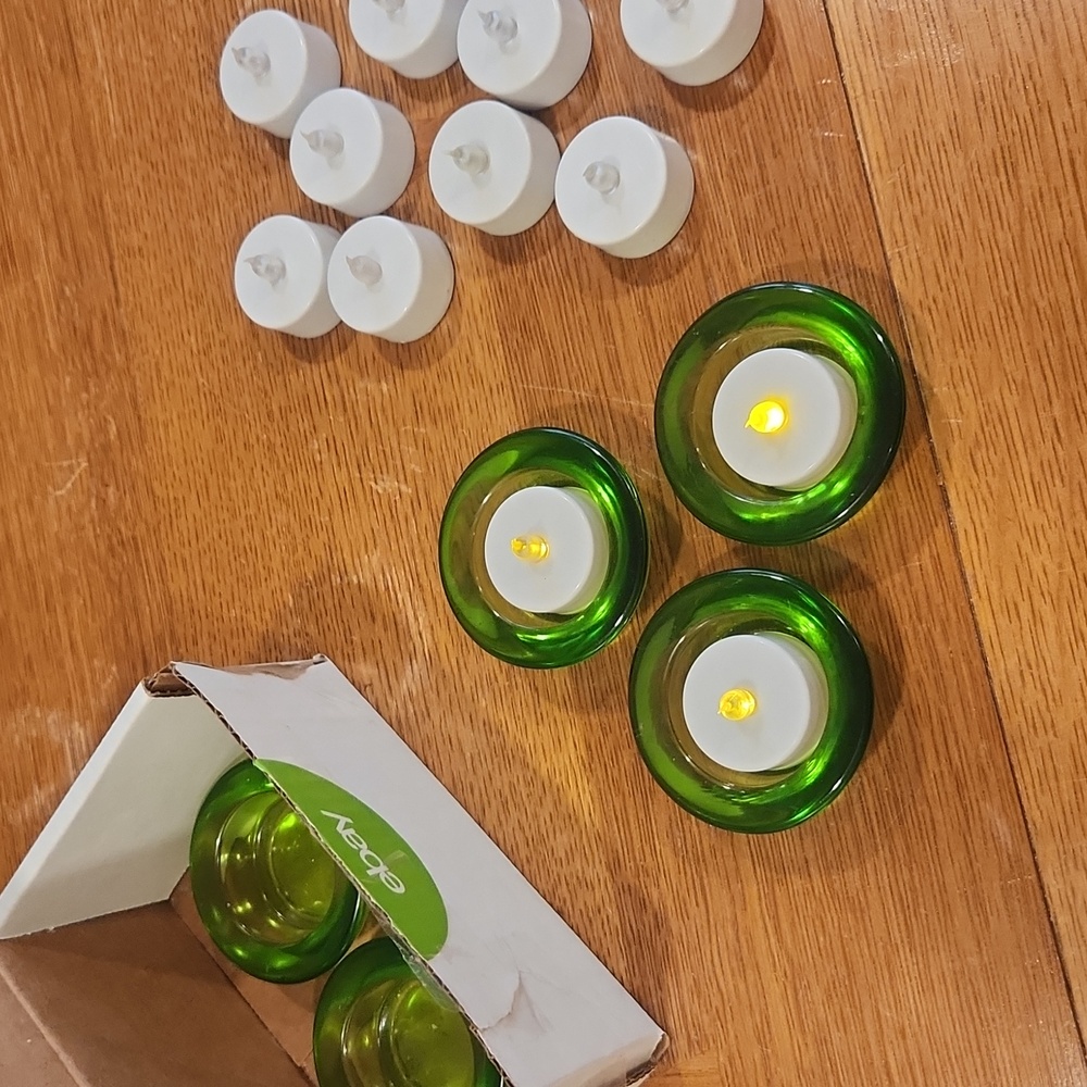 Green glass votives and faux tea light candles and lantern